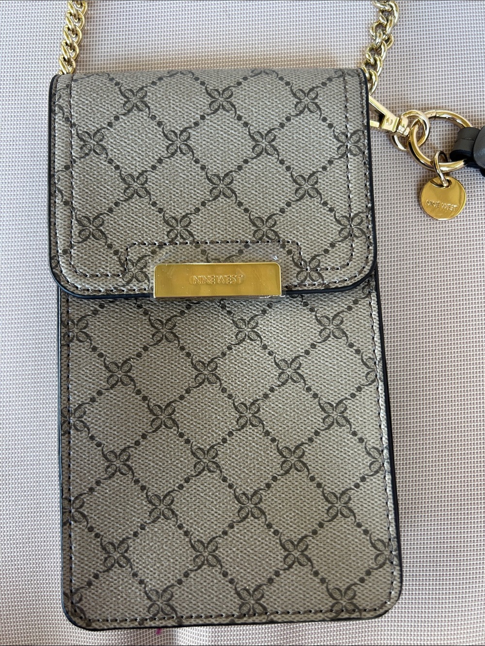 Nine West Gray Monogram Crossbody Phone Bag with Gold Hardware